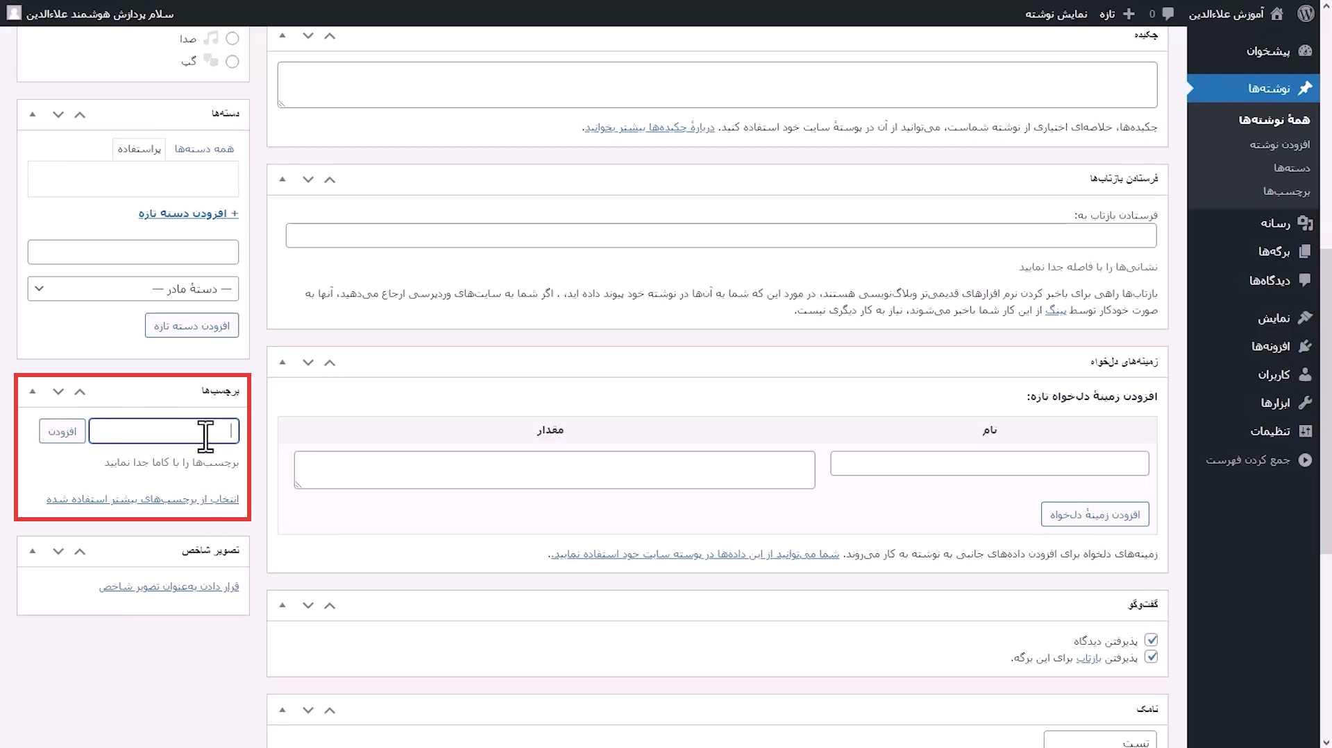 جلسه هفتم - افزودن نوشته 11 انتخاب برچسب موردنظر برای محتوا در طراحی سایت وردپرس
